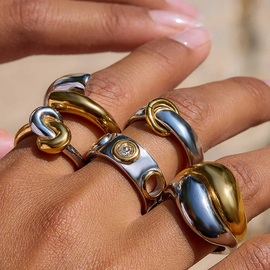 Uworld Minimalist Two tone Irregular Ring Stainless Steel Hollow out Stackable Ring Women's Accessories Party Gift