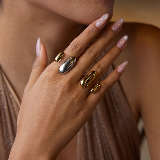 Uworld Two Color Geometric Double Layer Ring Stainless Steel Waterproof Finger Jewelry Personalized Adjustable Ring