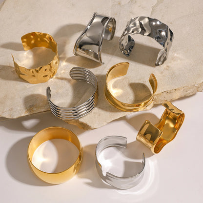 Uworld Unique Stainless Steel Metal Wide Cuff Open Bracelet Bangle 18K Gold PVD Plated Waterproof Fashion Girls Essential Jewelr