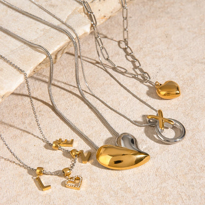 Uworld Two Tone Chain Heart Mixed Metal Puffy Heart Necklace Love Charm Women's Jewelry Gifts for Her