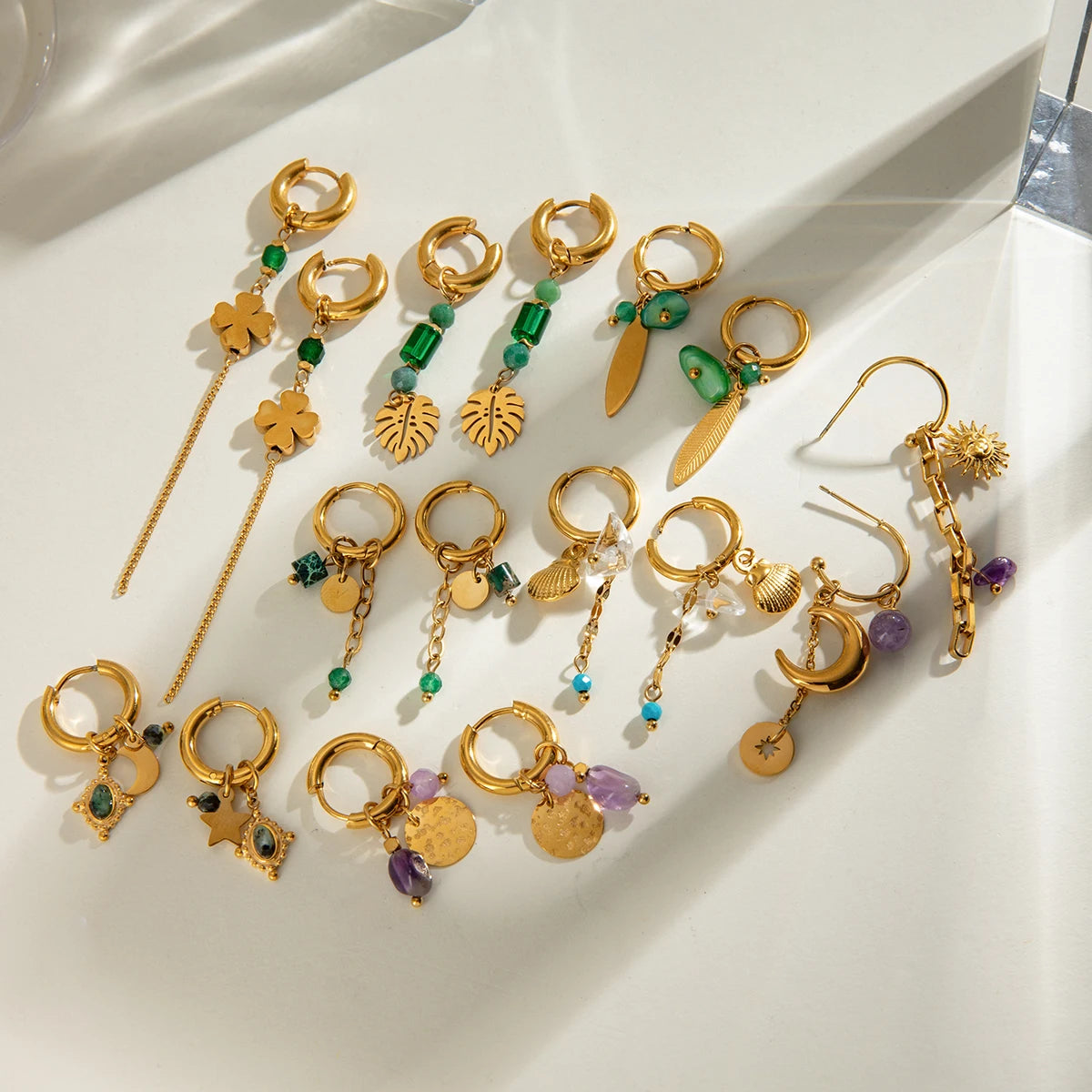 Uworld Elegant 18K Gold Co Plated Stainless Steel Natural Stone, Four Leaf Clover Tassel Earrings, Women's Jewelry, Holiday Gift