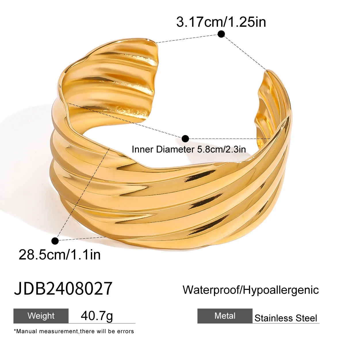 Uworld Unique Stainless Steel Metal Wide Cuff Open Bracelet Bangle 18K Gold PVD Plated Waterproof Fashion Girls Essential Jewelr