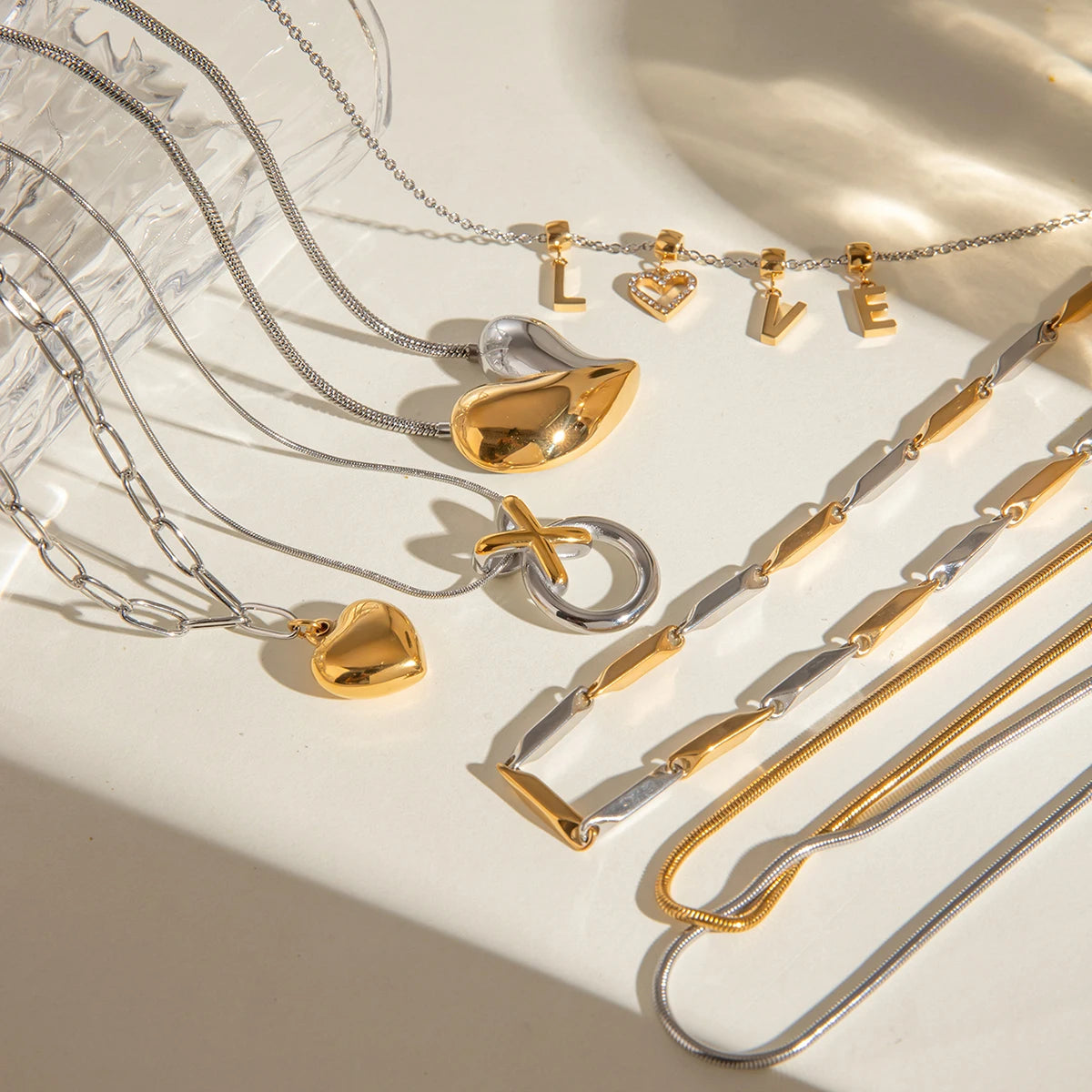 Uworld Two Tone Chain Heart Mixed Metal Puffy Heart Necklace Love Charm Women's Jewelry Gifts for Her