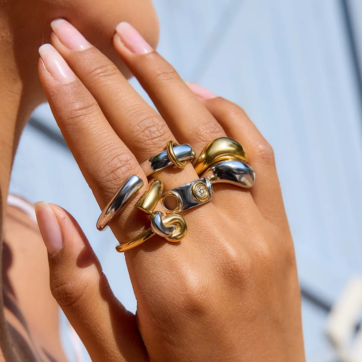 Uworld Minimalist Two tone Irregular Ring Stainless Steel Hollow out Stackable Ring Women's Accessories Party Gift