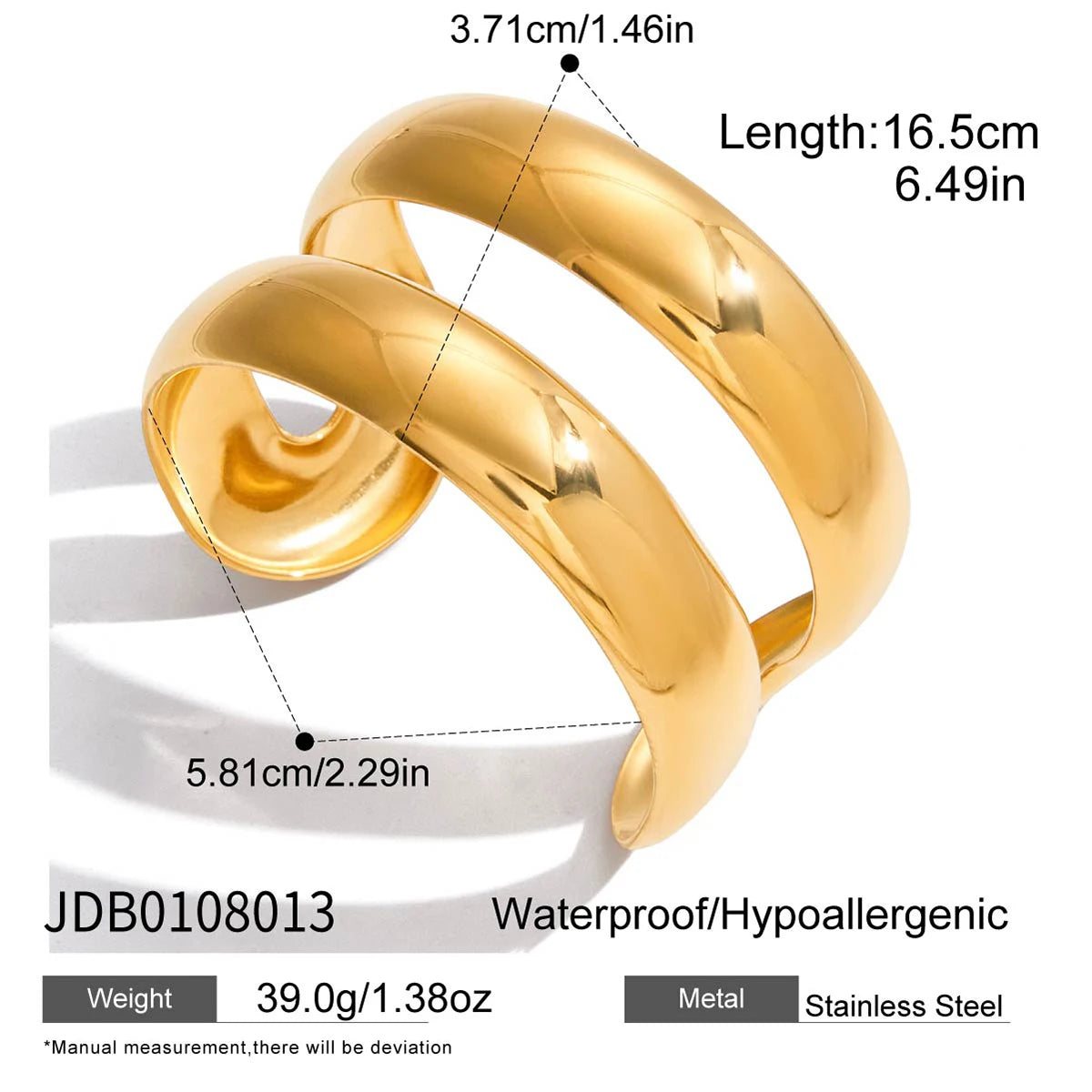 Uworld Unique Stainless Steel Metal Wide Cuff Open Bracelet Bangle 18K Gold PVD Plated Waterproof Fashion Girls Essential Jewelr
