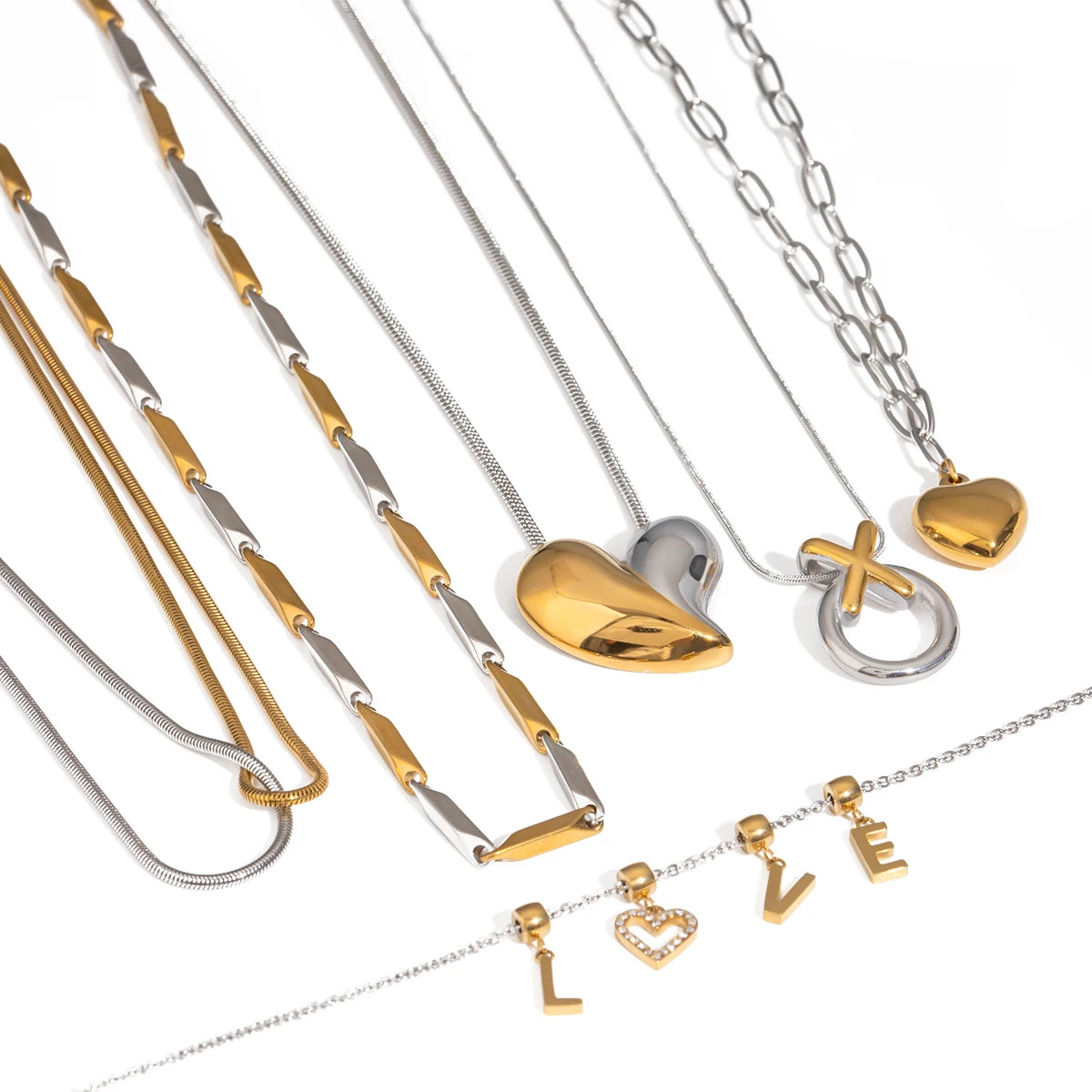 Uworld Two Tone Chain Heart Mixed Metal Puffy Heart Necklace Love Charm Women's Jewelry Gifts for Her