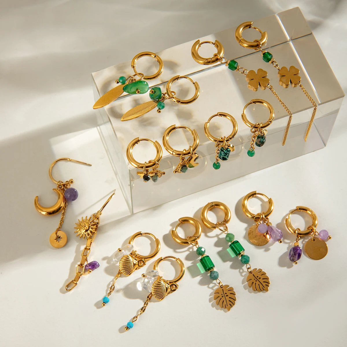 Uworld Elegant 18K Gold Co Plated Stainless Steel Natural Stone, Four Leaf Clover Tassel Earrings, Women's Jewelry, Holiday Gift