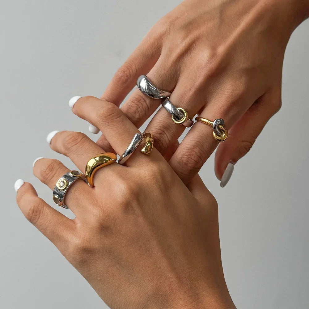 Uworld Minimalist Two tone Irregular Ring Stainless Steel Hollow out Stackable Ring Women's Accessories Party Gift