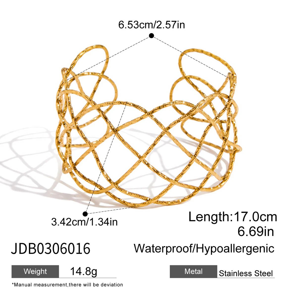 Uworld Unique Stainless Steel Metal Wide Cuff Open Bracelet Bangle 18K Gold PVD Plated Waterproof Fashion Girls Essential Jewelr
