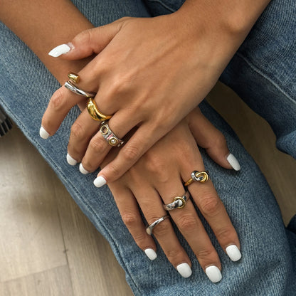 Uworld Minimalist Two tone Irregular Ring Stainless Steel Hollow out Stackable Ring Women's Accessories Party Gift