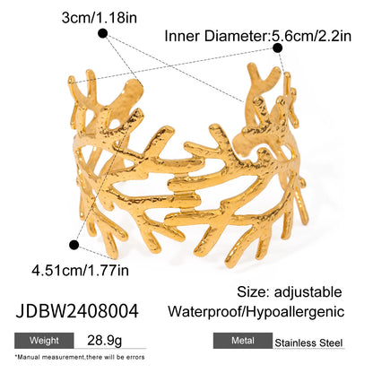 Uworld Unique Stainless Steel Metal Wide Cuff Open Bracelet Bangle 18K Gold PVD Plated Waterproof Fashion Girls Essential Jewelr