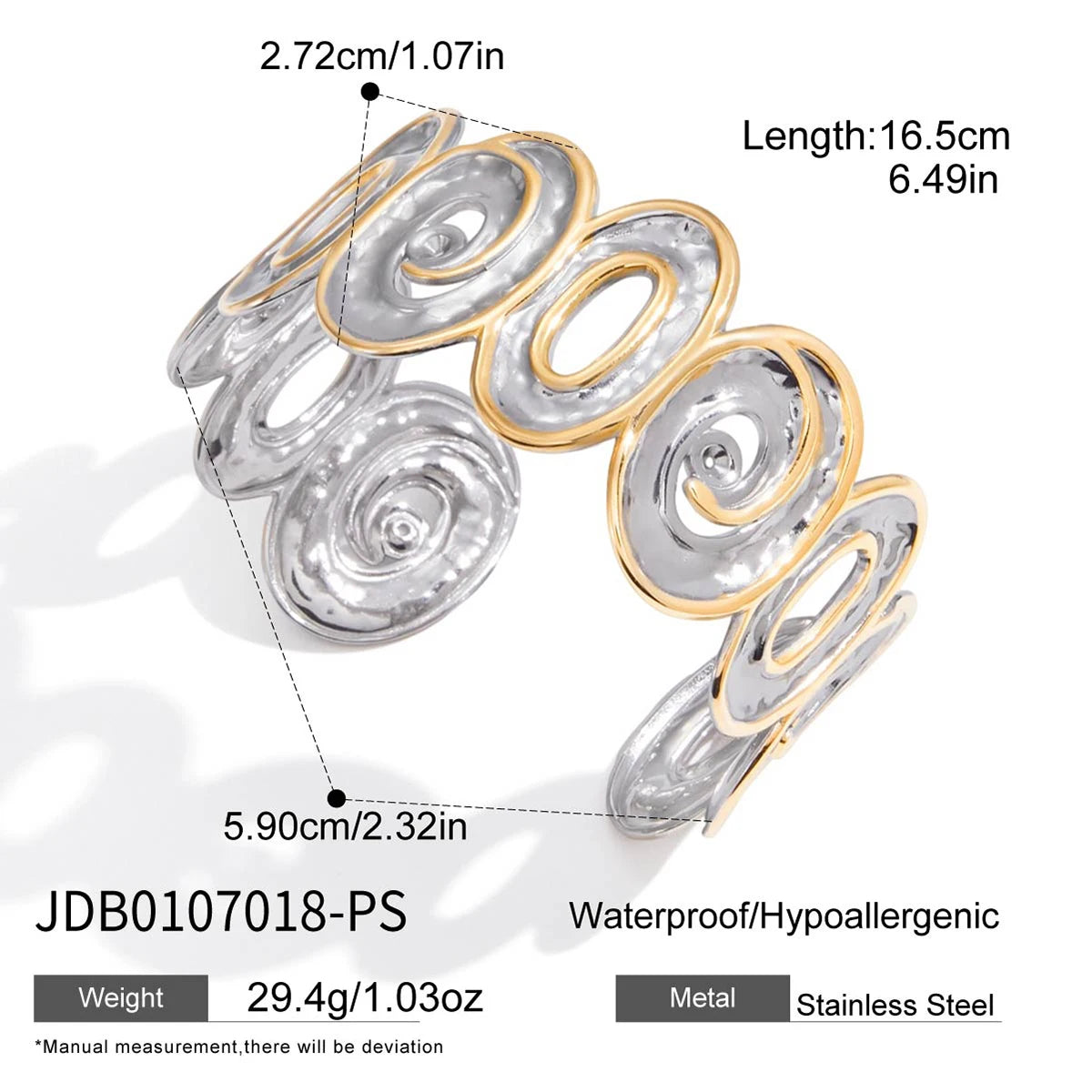 Uworld Unique Stainless Steel Metal Wide Cuff Open Bracelet Bangle 18K Gold PVD Plated Waterproof Fashion Girls Essential Jewelr