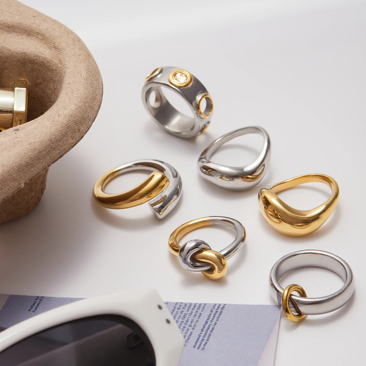 Uworld Minimalist Two tone Irregular Ring Stainless Steel Hollow out Stackable Ring Women's Accessories Party Gift