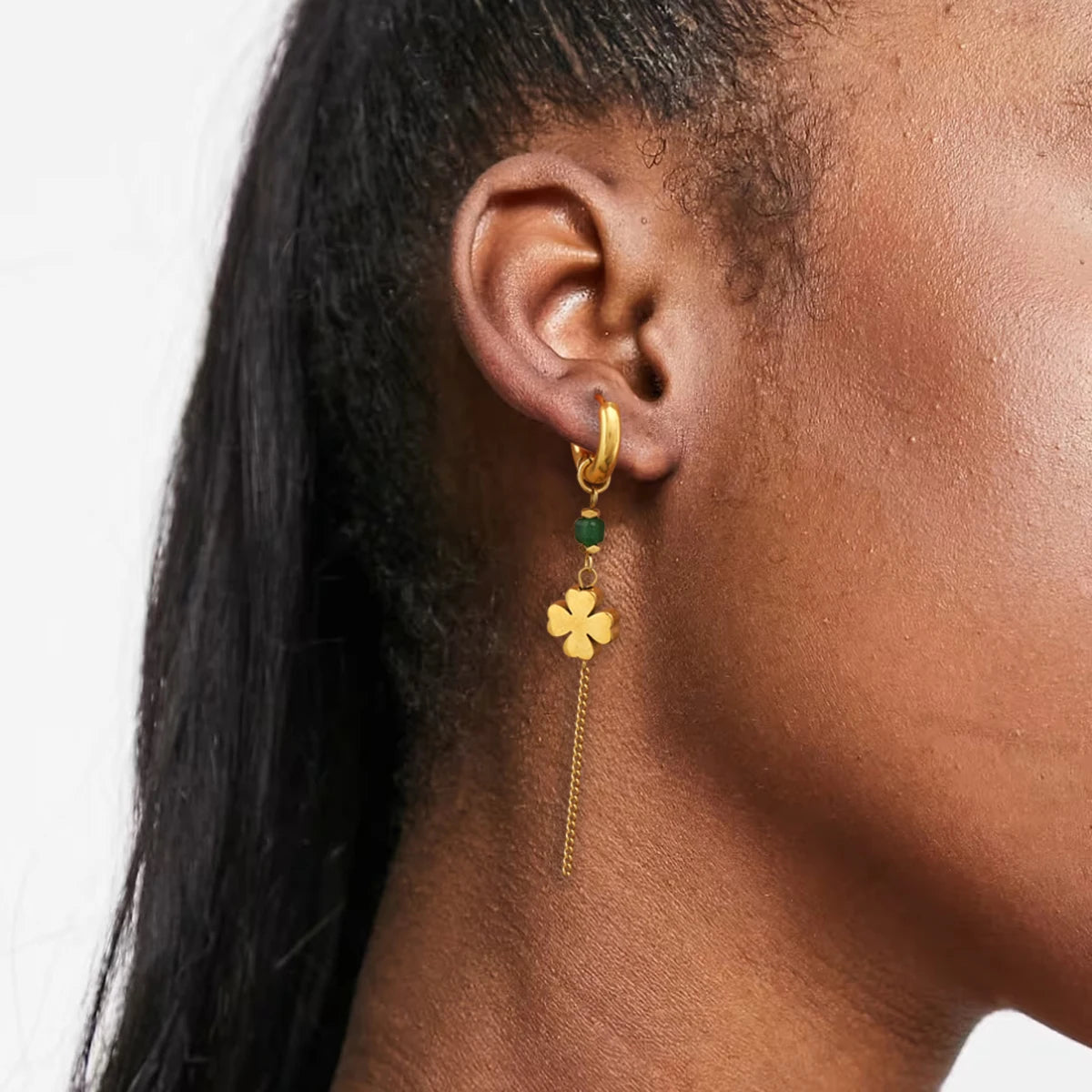 Uworld Elegant 18K Gold Co Plated Stainless Steel Natural Stone, Four Leaf Clover Tassel Earrings, Women's Jewelry, Holiday Gift