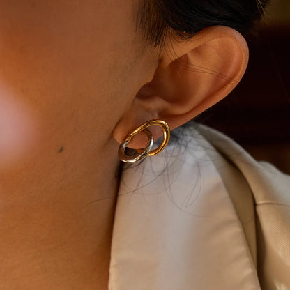 Uworld Fashion Two Tone Irregular Line Earrings 18K Gold Color Plated Stainless Steel Wrapped Hollow Earrings Women's Jewelry