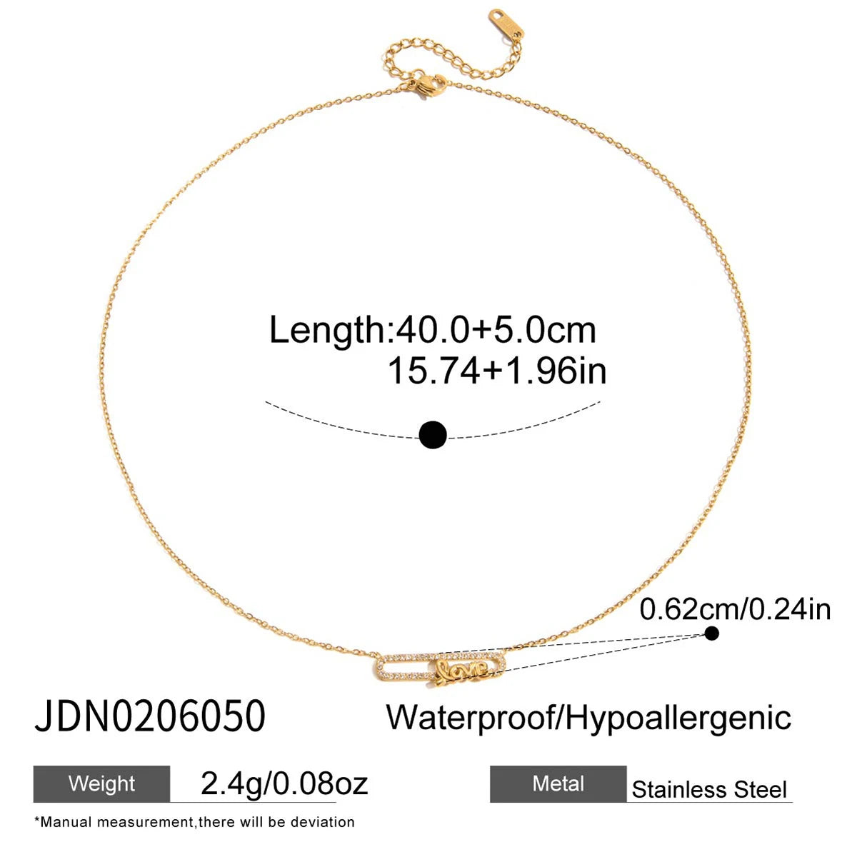 Uworld Minimalist Classic 18K Gold Color Plated Inlaid White Rhinestone LOVE Letter Necklace Waterproof Stainless Steel Jewelry