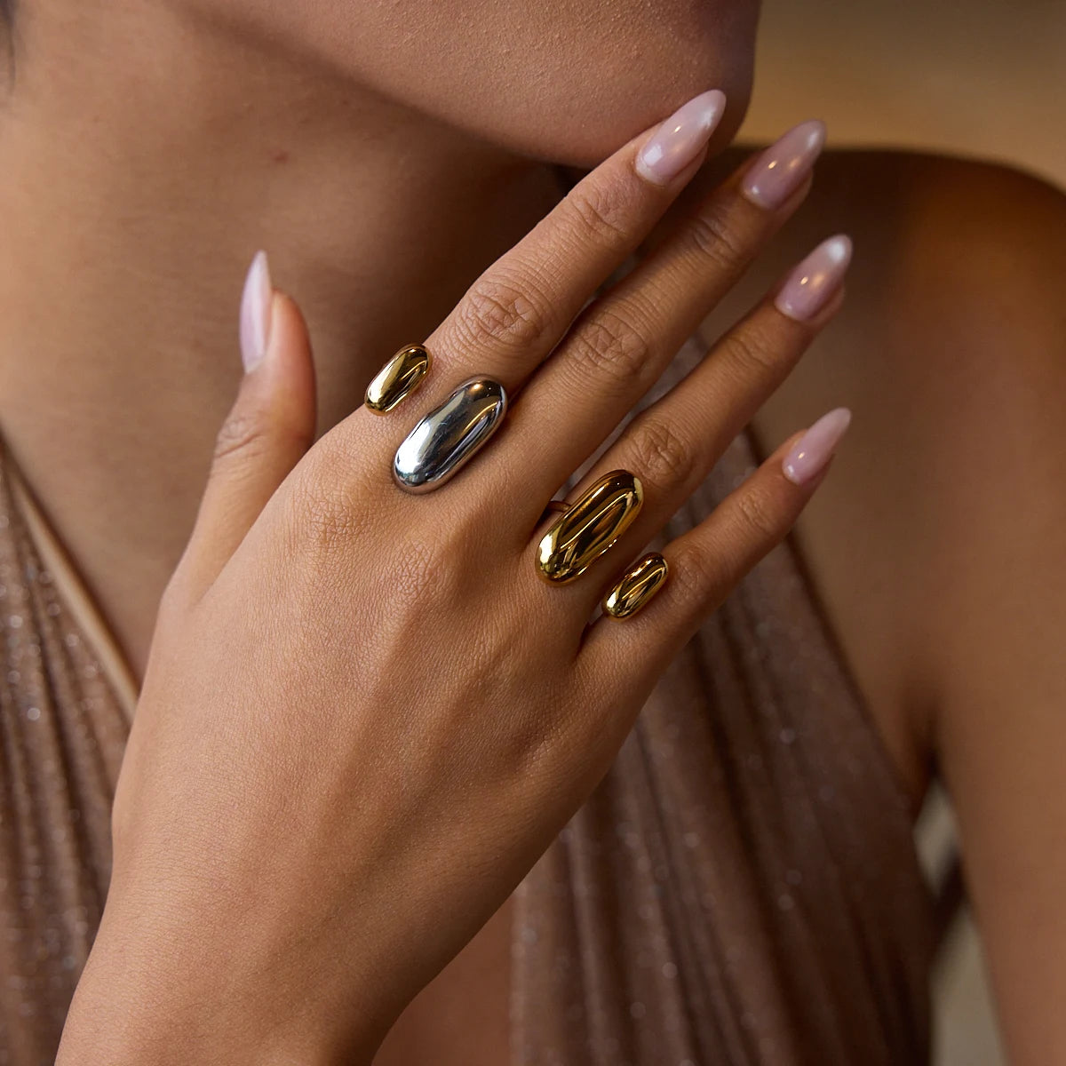 Uworld Two Color Geometric Double Layer Ring Stainless Steel Waterproof Finger Jewelry Personalized Adjustable Ring