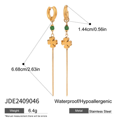 Uworld Elegant 18K Gold Co Plated Stainless Steel Natural Stone, Four Leaf Clover Tassel Earrings, Women's Jewelry, Holiday Gift